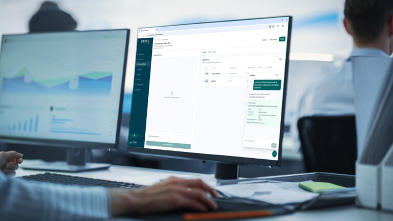 Computerscherm met daarop de Verix Workspace geopend. De gebruiker maakt gebruik van de AI Assistent om regels toe te passen
